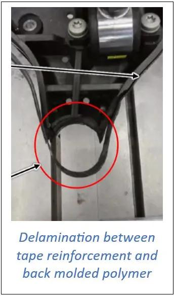 Delamination between tape reinforcement and back molded polymer